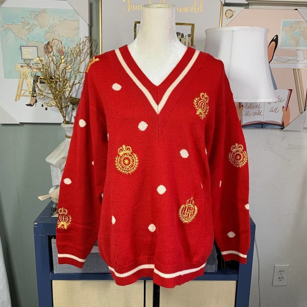 Vintage JH COLLECTIBLES red polka dot 100% wool sweater sz L